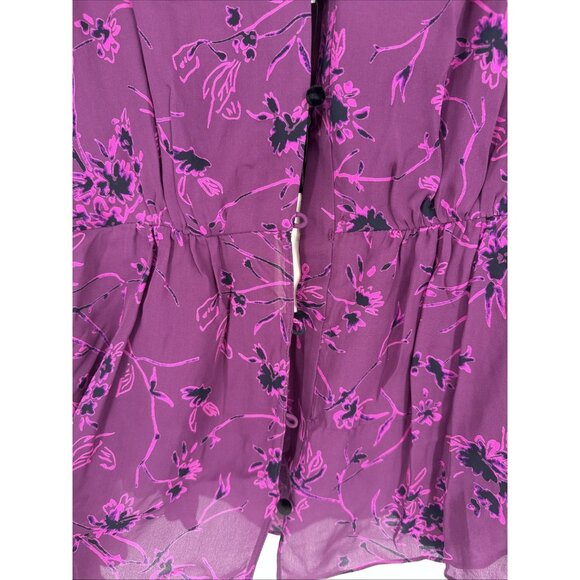 CINQ A SEPT Size Medium MABEL PURPLE FLORAL SILK BLACK VELVET RUFFLE BLOUSE TOP - Picture 10 of 16